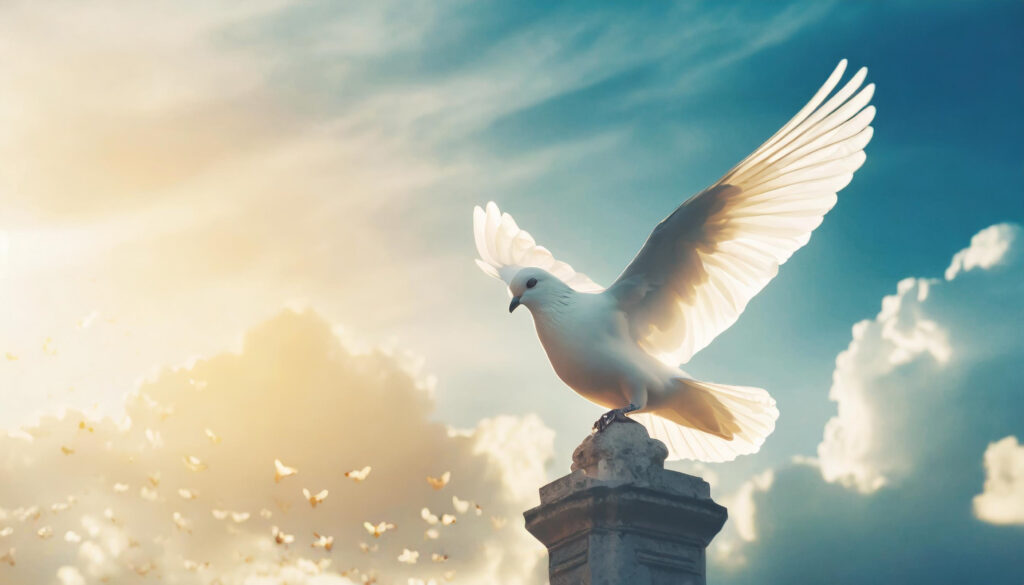 sky funeral background with white dove copy space for text