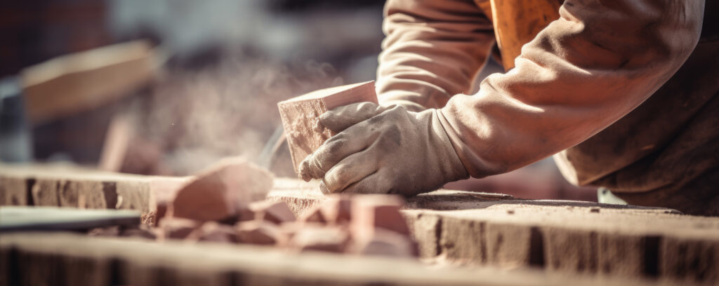 construction worker laying bricks on building wall.