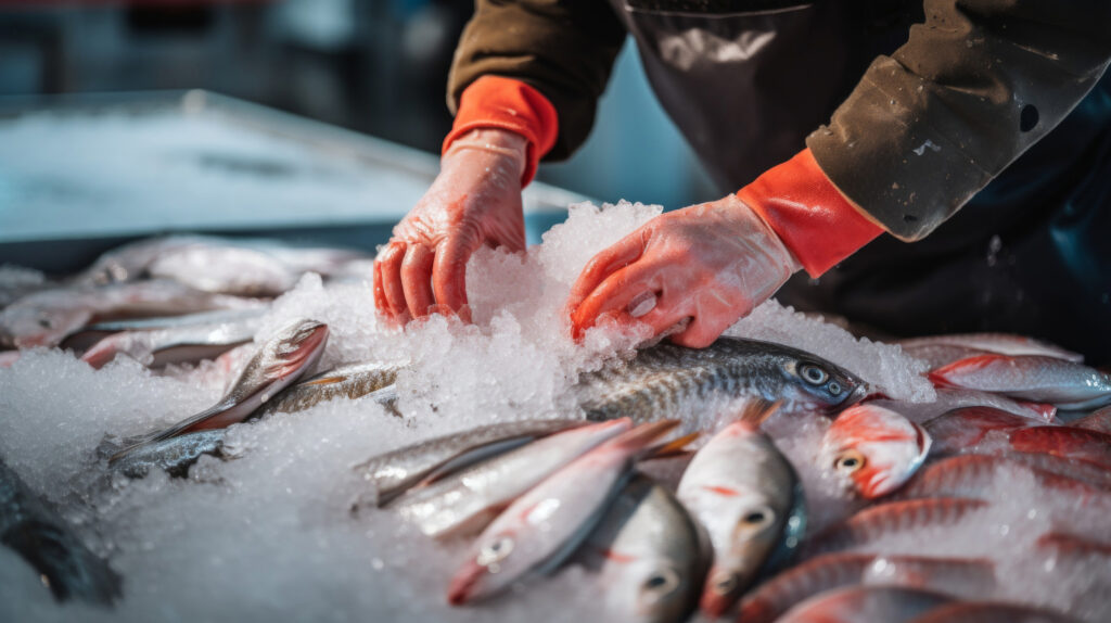 Fishmonger arranges fish on ice art of seafood display