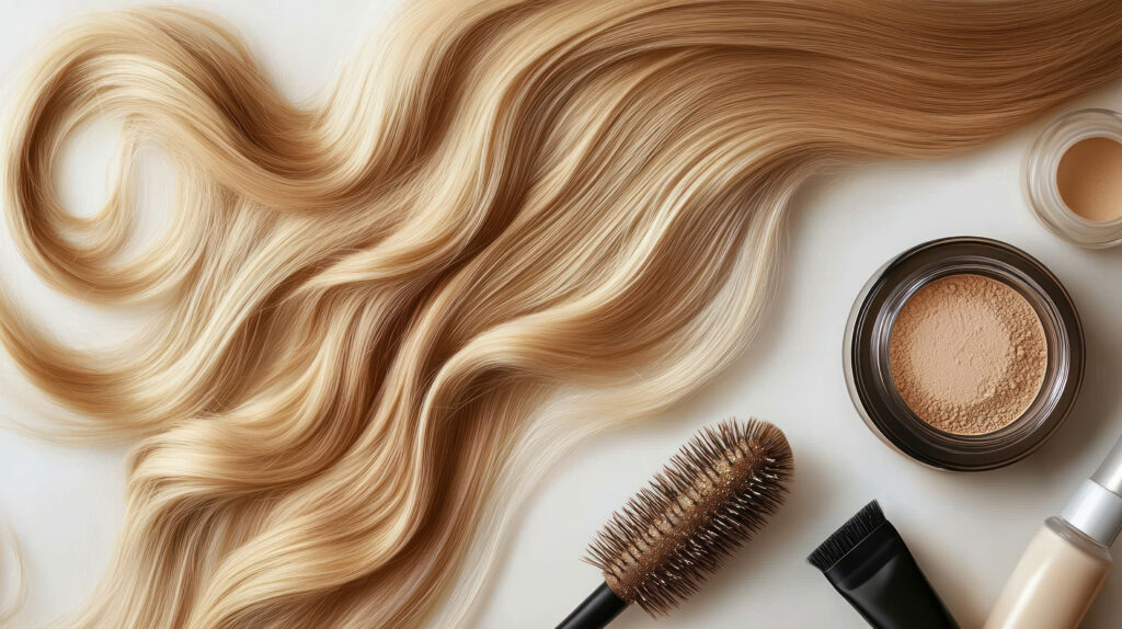 Long wavy blonde hair spread out with hairbrush and makeup powde