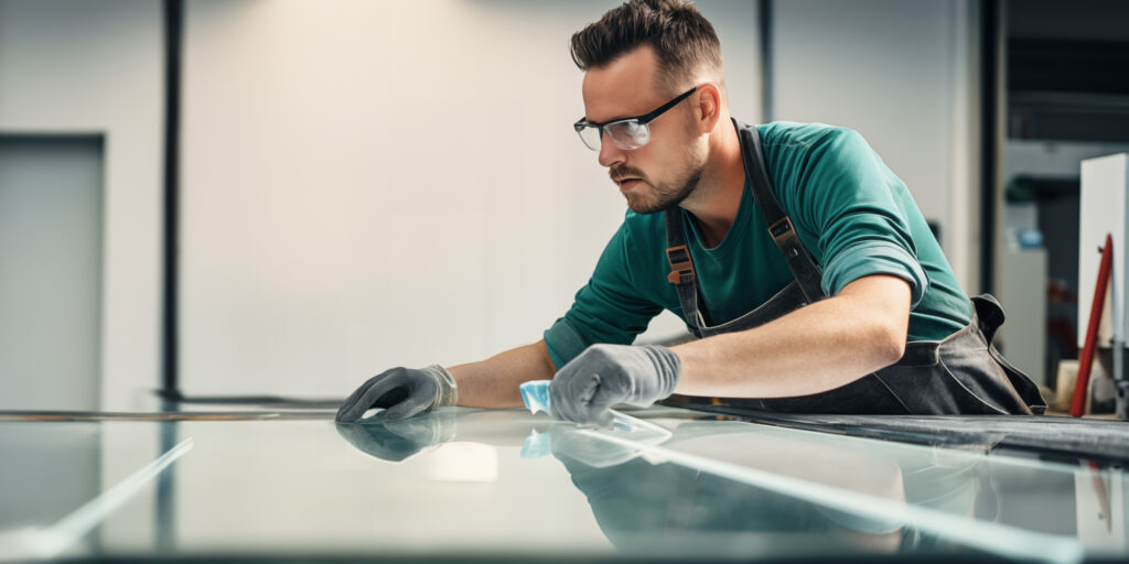 Glaser bereitet Glasplatte für den Zuschnitt vor