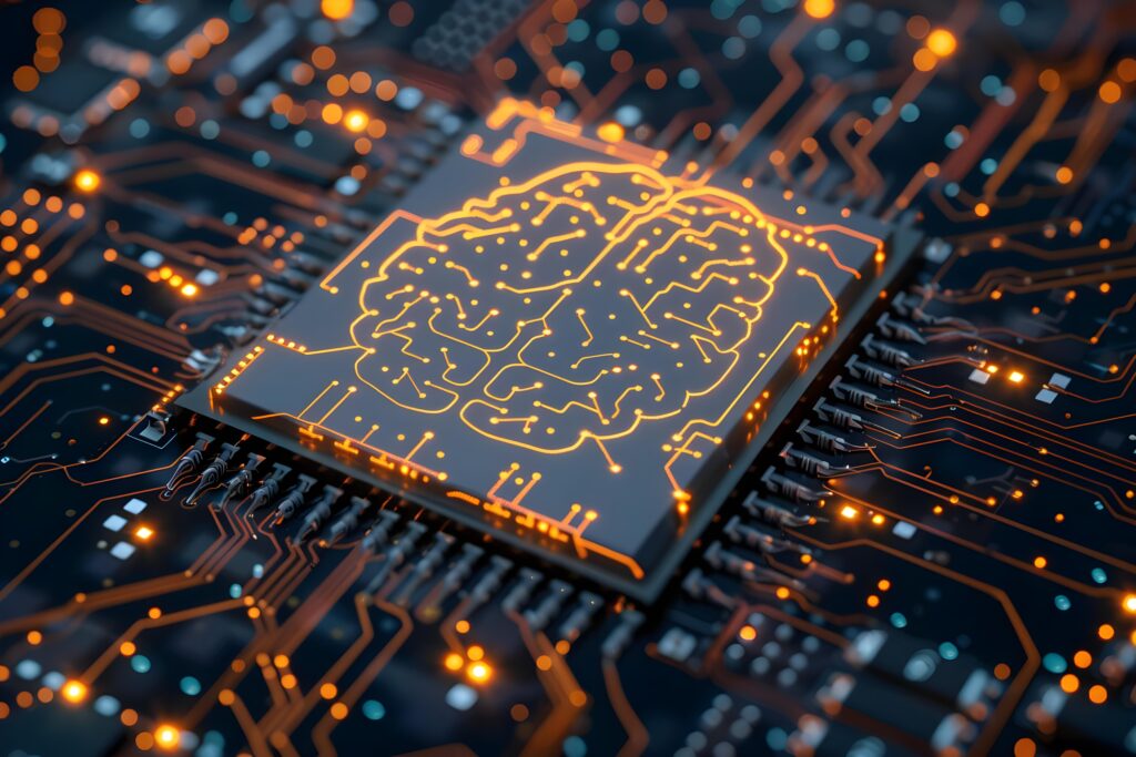 Closeup of a circuit board with artificial intelligence components symbolizing brain chip growth and neuroscience advancements. Concept Circuit Boards, Artificial Intelligence, Brain Chip Growth