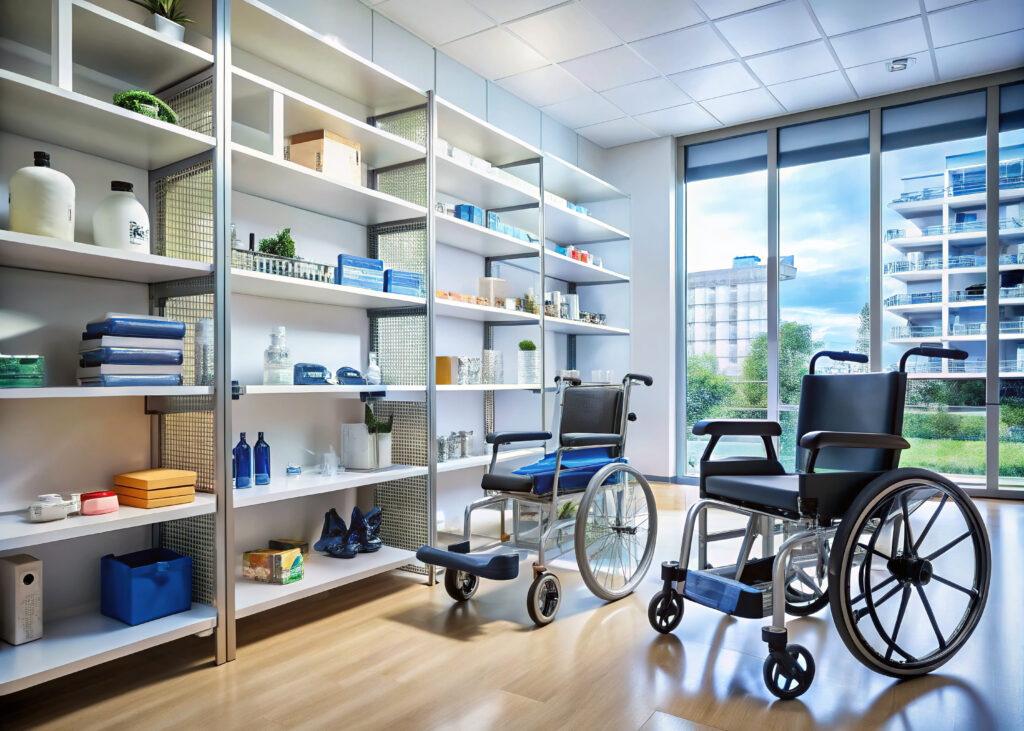 Well-organized shelves in a medical supply store stocked with va