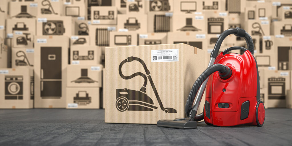 Vacuum cleaner in warehouse with household appliances and kitche